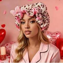 1pc New Leopard Print Plush 3D Cat Ear Headband With Bow, Quick-Dry Hair Cap, Sleep Cap For Women And Men - Multicolor - View 2
