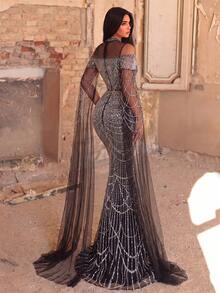 Faeriesty Premium Luxury Rhinestone Sequin Evening Gown With Extra Long Sleeves And Beaded Detail Black Wedding Party Fall - Black - View 3