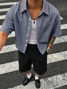 男士夏季休閒純色印花短袖襯衫，度假海灘熱帶風襯衫，日常穿著，法式優雅浪漫，父親節禮物 - 藏蓝色 - 查看 4
