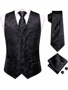 Officeau Men's Black Paisley Pattern Vest & Tie Set, Wedding Tuxedo Waistcoat Jacket, Formal Casual Groom Style - Black - View 7