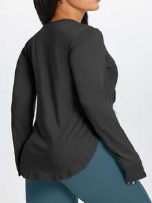 1pc Plus Size Women's Side Slit Crew Neck Long Sleeve T-Shirt, Elastic Regular Shoulder Slimming Solid Color Minimalist Black Sports - Black - View 6