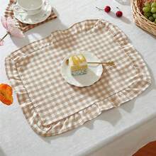 1pc/2pcs/6pcs Korean Style Plaid Placemats, Sweet Princess Style Candy Color Plaid Tablecloth With Ruffle Edge, Cute Food Plate Heat-Insulating Background Mat - Multicolor - View 1