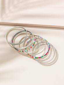 Juego de 9 pulseras de metal con cuentas de colores, estilo minimalista de moda para mujeres, adecuado para uso diario (color aleatorio) - Plateado - Ver 3