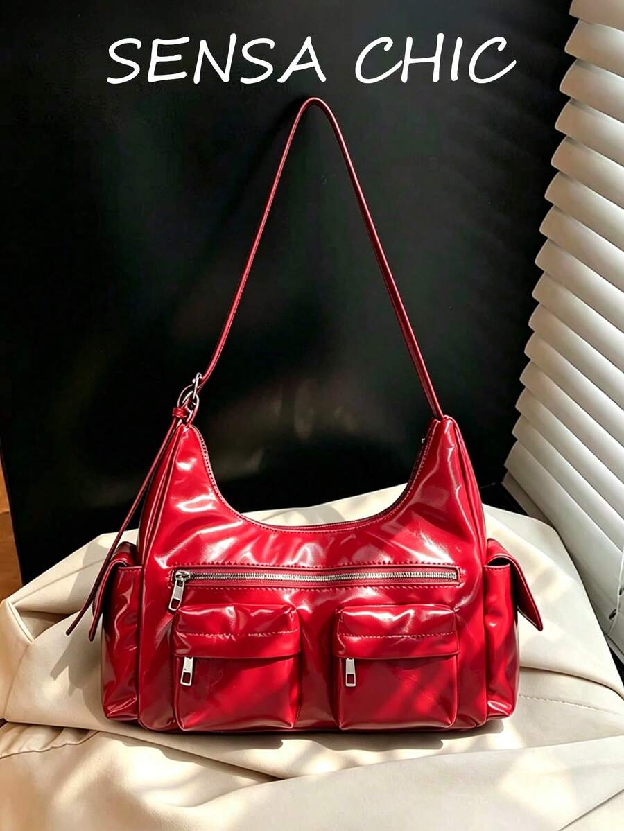 Tas Bahu PU Merah, Gaya Serbaguna dengan Banyak Kantong, Resleting Logam, dan Desain Kantong Depan 3D, Garis Bersih dengan Kompartemen Praktis, Cocok untuk Perjalanan Guru, Belanja, Perjalanan Singkat, Dapat Dipakai di Bawah Lengan atau Selempang, Mengurangi Beban Perjalanan, Cocok dengan Berbagai Pakaian, Menyeimbangkan Kepraktisan dan Gaya Minimalis. - Merah - View 1