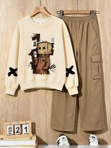 2pcs/Set Boys Crew Neck Sweatshirt Set, Printed With Boy Wearing Headband Design, Paired With Casual Cargo Pants, New Autumn/Winter Outfit - Apricot - View 4