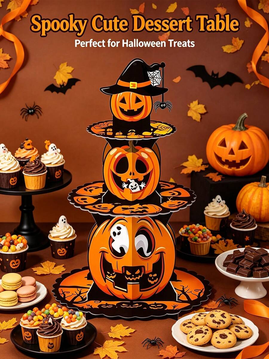 1 Set Halloween 3-Tier Cake Stand, Paper Tray, Handmade Foldable Assembly Cake Holder. Colorful Pumpkin Castle Suitable For Party Tabletop Decoration, Dessert Table Decoration Props. Party Dessert Tray, Display Rack. Halloween Party Essential. Dining Table Essential. Home Decor Essential.