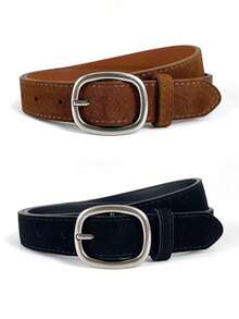 2/1pc New Women's Faux Suede PU Belt, Vintage Versatile American Style Brown Jeans Belt - Multicolor - View 5