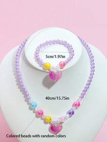 2pcs/Set Cute Princess Heart Pendant Necklace & Beaded Bracelet Jewelry Set For Kids, Suitable For Daily Wear, Party, Birthday Gift - one-size - View 3