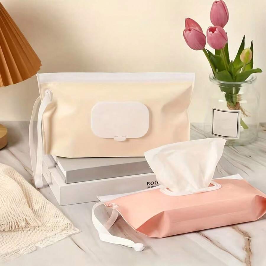 Solid Color Portable Wet Wipes Storage Bag, Press-To-Open Lid With Water-Lock And Dust-Proof Design, Convenient For Stroller Hanging, Great Helper For Outings With Baby, Plastic Flip-Top Dispensing Packaging Bag For Wet Wipes, Loose Tissue Bag For Baby Stroller