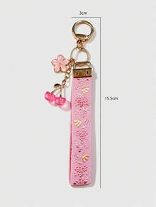 Double-Sided Embroidered Wrist Strap Keychain With Cherry & Flower Charms - Multicolor - View 2