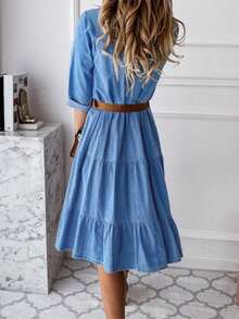 Váy denim thường ngày xếp nếp một hàng khuy cho nữ (Không bao gồm thắt lưng) - Rửa trung bình - Xem 2