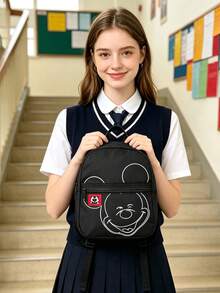 Disney 1pc Mickey Mouse Line Print Backpack, Black Nylon School Daypack With Square Tag, Multi-Pocket Casual Rucksack, Lightweight Bookbag, Suitable For Girls/Students/Teenagers/Young People/Fans, Ideal For Back To School/Daily Outings/Shopping! - Black Line Mouse Backpack - View 6