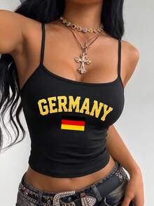 女款「GERMANY」國旗印花黑色細肩帶背心，休閒美學風 - 黑色 - 查看 1