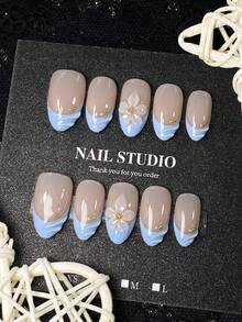 10pcs Summer Handmade Press-On Nails, Short Almond Shape, Nude Transparent Base With Smoky Blue Wrinkled French Tips, Decorated With 3D Light Blue Flowers And Gold Beads, Fresh And Gentle Vibe, Versatile Daily Style, Comes With Nail Tool Kit, Quick Application And Removal - Baby Blue - View 3
