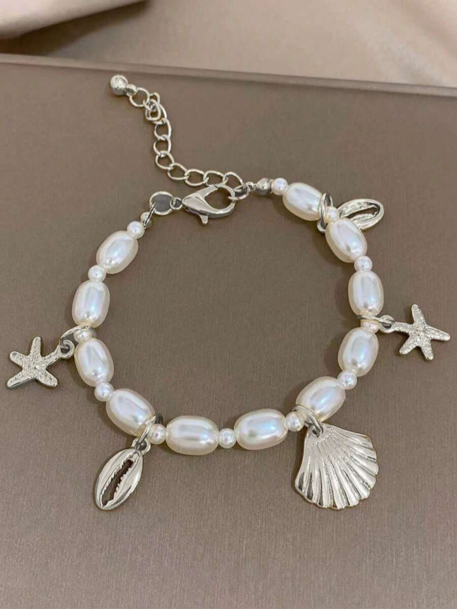 GARMEND 1 buah Gelang Wanita Minimalis Motif Kerang dan Bintang Laut dengan Mutiara Imitasi, Perhiasan Pantai Sehari-hari - Perak - View 1