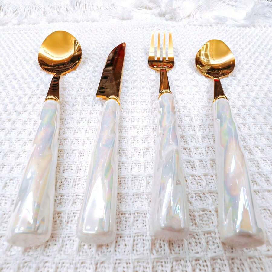 4/24pcs Elegant Ceramic Handle Stainless Steel Cutlery Set, Including Steak Knife, Fork, Dessert Spoon, Soup Spoon, Unique Design Suitable For Home, Restaurant, Kitchen, Daily Dining, Party And Holiday Gathering