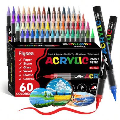 Flysea 60/48/24 Colores Rotuladores de Pintura Acrílica, Punta de Pincel Suave Rotuladores de Pintura Colorida, Adecuados para Pintura y Creación de Arte DIY, Impermeables y Lavables, Se Pueden Usar en Tela, Vidrio, Cerámica, Plástico y Otras Superficies, Regalos de Halloween, Navidad, Cumpleaños