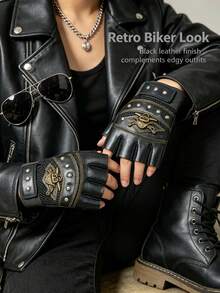 Autumn Winter Warm Half Finger Leather Gloves Unique Pirate Skull Rivet Decor Non Slip Durable Gloves For Men Women Outdoor Cycling Mountaineering - Pirate Black - View 3