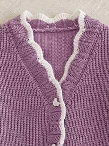 Preppy White Contrast Trim Knit Cardigan, V-Neck Heart Button Patch Pocket Cropped Jacket, Autumn Thanksgiving Streetwear - Purple - View 7