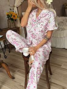 2pcs Women's Pajama Set, Elegant Ruffle Short Sleeve Long Pants Pajama Set, Open Front Collar Comfortable Pajamas - Soft Short Sleeve Button-Up Top And Elastic Waist Long Pants, Casual Loungewear - Multicolor - View 3