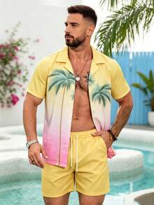 Conjunto de camisa de manga corta con estampado de palmeras degradado y pantalones cortos casuales para hombre, conjunto de camisa de manga corta de estilo vacacional para hombre - Multicolor - Ver 2