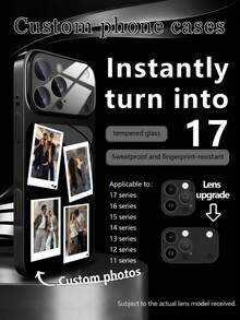 1pc DIY 4pcs Couple Photo Black Luxury Fashion Large Window Tempered Glass Lens Protection Anti-Drop Phone Case Compatible With Apple 17ProMax/17Air/16ProMax/16Plus/15ProMax/15Plus/14Pro/13ProMax/12ProMax/11 Phone Accessories Full Coverage Premium Protective Cover - Black - View 6