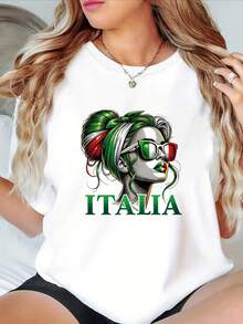 Camiseta con Estampado Gráfico de Italia, Manga Corta, Cuello Redondo, Estilo Casual para Primavera y Verano, Ropa de Mujer - Blanco - Ver 1