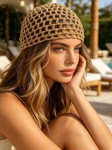 1pc Vintage Hollow Out Knitted Beanie, Pearl Pendant Headscarf, Vacation Style Mesh Cap, Boho Chic - Multicolor - View 2