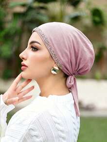 1 pieza Gorro musulmán de moda para mujer de unicolor con pedrería y lazo, pañuelo versátil para envolver la cabeza bajo la gorra, adecuado para uso diario - 005-Polvo - Ver 4