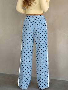 Women's Polka Dot Pattern Side Stripe Wide Leg Loose Casual Long Pants - Baby Blue - View 5