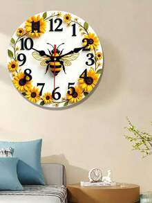 Bee And Sunflower Wall Clock- 10/12IN Round Wooden Clock, Silent Movement, Battery Operated(AA Batteries Not Included), Perfect For Bedroom, Living Room And Office Decoration- Charming Anniversary And Holiday Gift, Bee Decoration - A - View 2
