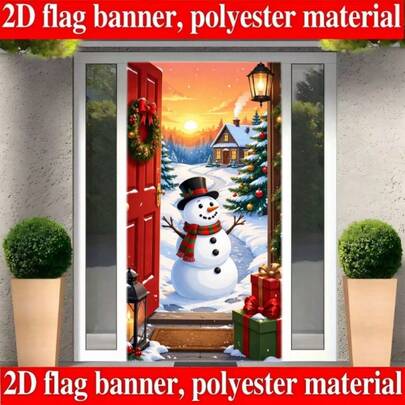 2D Flat 1 Piece Of Christmas-Themed Snowman Banner Background. The Pattern Includes Cute Snowmen, Christmas Gift Boxes, Snowy Wooden House, And Decorated Christmas Tree. Made Of Polyester Material, No Power Supply Required.