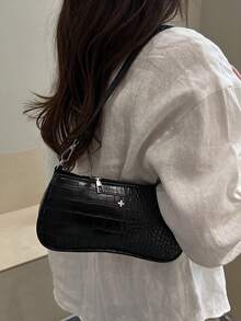 Bolso de hombro tipo baguette de unicolor con relieve de cocodrilo - Negro - Ver 8