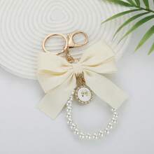 1pc Satin Bow Pearl Keychain, Exquisite Round Rhinestone Pendant Bag Charm, Elegant Handbag Accessory, Women's Style - Multicolor - View 3