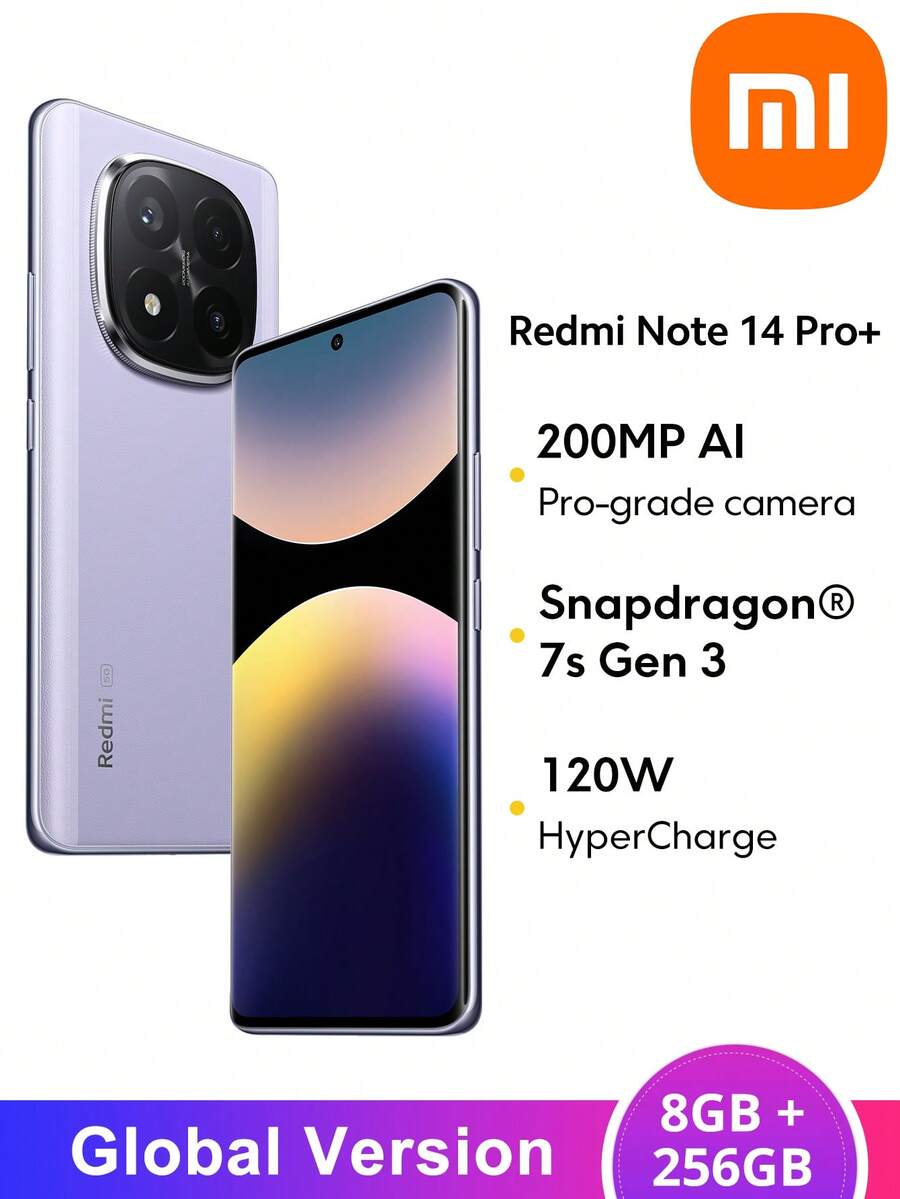 Xiaomi Redmi Note 14 Pro+ 5G 智慧型手機 全球版 Snapdragon 7s Gen 3 處理器 6.67 吋 CrystalRes AMOLED 螢幕 120Hz 更新率 200MP 主相機 20MP 前置相機 5110mAh (Typ) 電池 120W HyperCharge - 紫色 - 查看 1