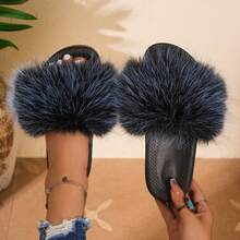 Women's Long Fur Thick Sole Fuzzy Slippers, Faux Raccoon Fur Wide Strap Strap Slide, Anti-Slip Platform Sole, Casual Outdoor Slippers - Royal Blue - View 7