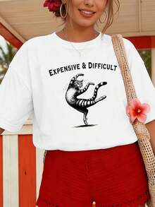 Funny Dancing Cat Graphic Tee, Quality Fabric, Crew Neck, Loose Fit, Comfortable, Hip-Hop Street Style - White - View 6