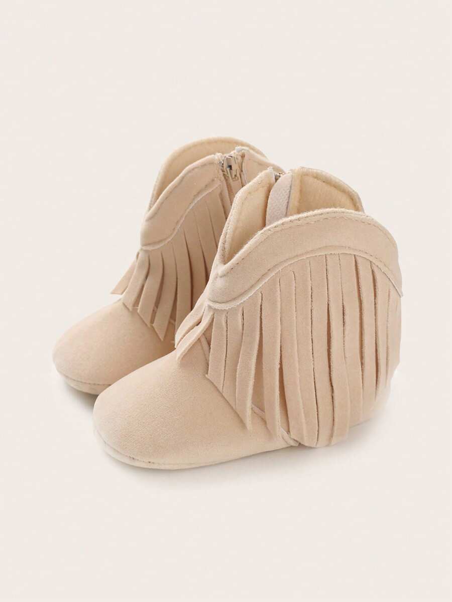 Beige Tassel Infant Ankle Boots For Girls, Soft Sole Pre-Walker Shoes, 0-1 Years Newborn, Side Hook And Loop, Anti-Slip Learning To Walk Boots, Autumn/Winter - Apricot - View 1