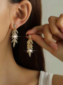 1pair Luxury Marquise Cubic Zirconia Tassel Drop Earrings, Gold Plated Leaf Shiny CZ Dangle Earrings, Bridal Wedding Party Statement Evening Jewelry - Yellow Gold - View 2