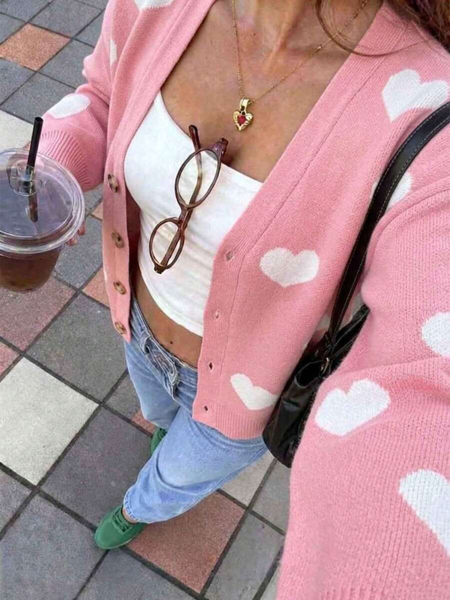 Cardigan Rajut Motif Hati Merah Muda untuk Wanita, Sweater Lengan Panjang Leher V dengan Kancing Depan, Atasan Kasual Lucu untuk Musim Gugur dan Musim Dingin untuk Pemakaian Sehari-hari - Berwarna merah muda - View 1