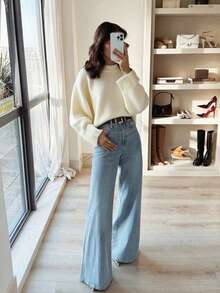 Plus Size Women's White Round Neck Casual Knit Sweater Fall - Cream - View 2