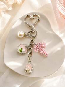 1 pièce/Multi-pièces Porte-clés femme avec pendentif cœur en fausse perle, nœud et petites fleurs peintes incrustées, breloque pour sac à dos et sac - Multicolore - Voir 2