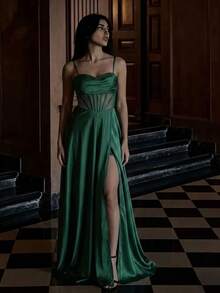 Birthday Dress For Women, Party Dresses For Women, Elegant Dress, Solid Color Elegant High Slit To Thigh With Tie, Woman's Dress For Birthday Party, Formal Evening Event, Photoshoot, Wedding Guest, Back To School Party, Bachelorette Party, Fall Dresses For Women - Dark Green - View 1