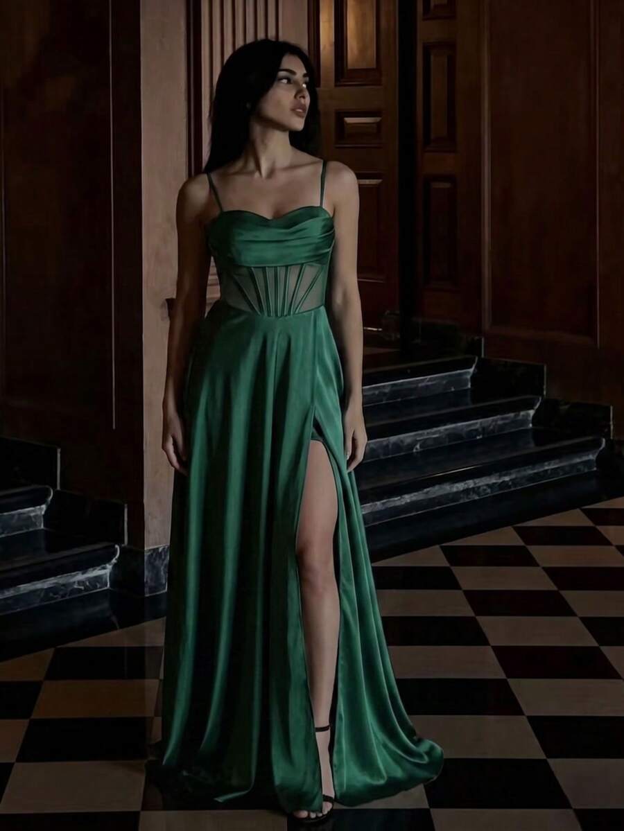 Birthday Dress For Women, Party Dresses For Women, Elegant Dress, Solid Color Elegant High Slit To Thigh With Tie, Woman's Dress For Birthday Party, Formal Evening Event, Photoshoot, Wedding Guest, Back To School Party, Bachelorette Party, Fall Dresses For Women - Dark Green - View 1