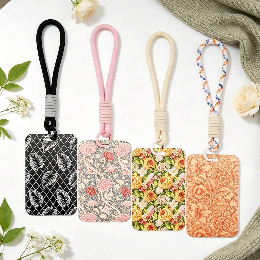 1pc Vintage Floral Pattern Card Holder With Short Wrist Strap Lanyard, Anti-Loss Student ID Card Protector, Cute Keychain Lanyard For Bus Card, Access Pass, Work Name Tag, Women's Gift - Multicolor - View 1