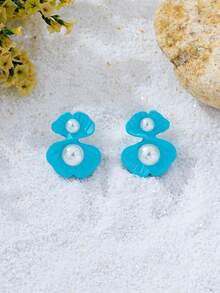 1 Pair Women's Stud Earrings, Fresh Delicate Small Lake Blue Petal Faux Pearl Earrings, Suitable For Daily Wear - Lake Blue - View 5