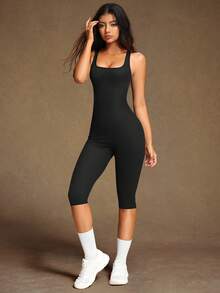 VVX Women's Yoga Capri Jumpsuit Square Neck Backless Tummy Control Butt Lifting, Workout Shorts Romper Seamless Ribbed Sleeveless Unitard For Gym Sports - Black - View 5