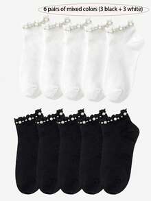 1/3/6/8/10 /12Pairs Women's Pearl-Embellished Ruffle Ankle Socks, Solid Color Casual No-Show Socks - Black and White - View 16