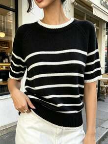 Suéter de punto acanalado a rayas de manga corta estilo preppy para mujer, elasticidad media, longitud regular, adecuado para usar en otoño - Multicolor - Ver 5