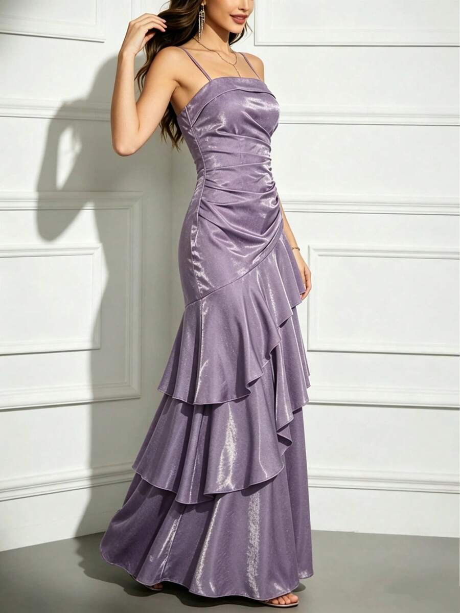Vestido de Festa Elegante Feminino para Formatura com Babados em Camadas, Estilo Vintage, Ajuste Slim, Alças Finas, Vestido de Gala para Convidada de Casamento e Festa Formal